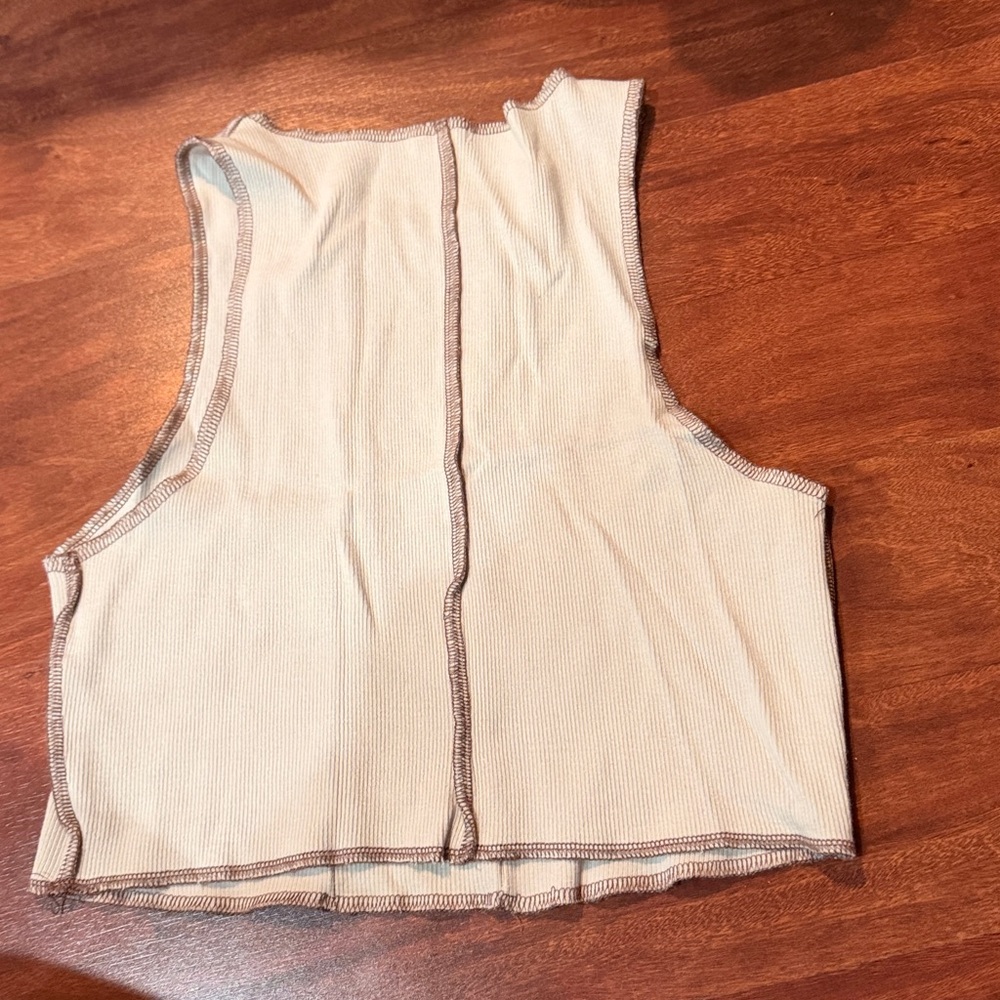 garage size small tan halter neck tank top with brown stitching - Picture 2 of 3